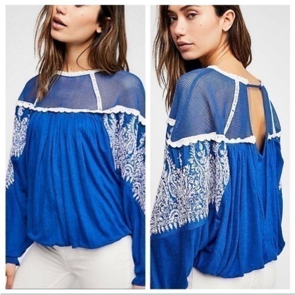 Free People Carly Oversized balloon hem and sleeves mesh & Embroidered Top - Picture 1 of 2